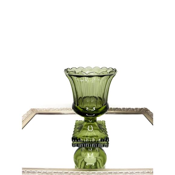 Vintage Indiana Glass, Avocado Green, Small Footed Vase, Scalloped Rim - Picture 2 of 10